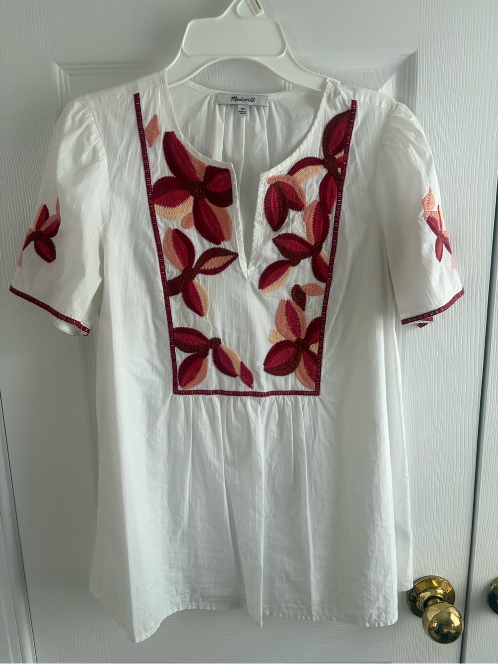 Madewell White Tunic with Red and Pink Floral Embroidery